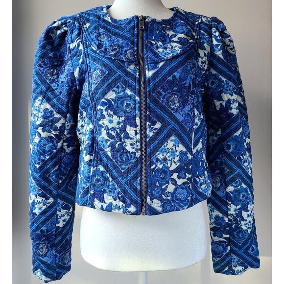 7 For All Mankind NEW Collarless Quilted Crop Jacket Blue Floral Cotton Medium - Picture 1 of 16
